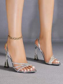 Jin Bei Qi 女士高跟鞋，圆头，纯色，漆皮蛇纹，水钻装饰，多带踝带，露趾，套脚，户外派对，细高跟，独特鞋跟形状，时尚优雅奢华派对宴会浪漫闪亮银色高跟鞋 - 銀色 - 查看 2