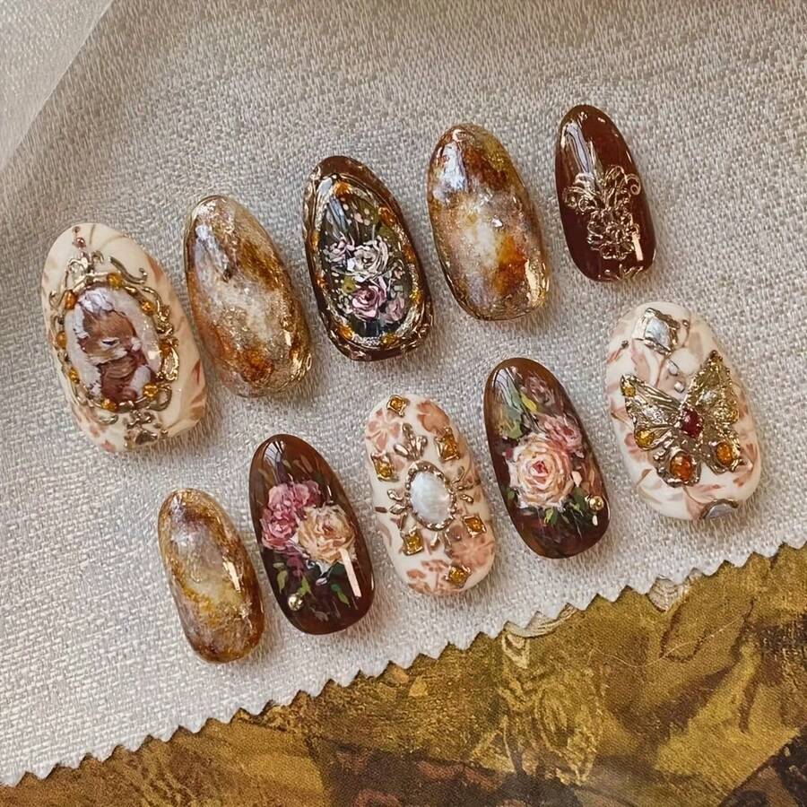 Melard Color Series 24 Pieces Romantic Amber Rose Almond Shape Fake Nails Autumn Winter Elegant Gradient Atmosphere Butterfly Rose Brightening Elegant Charming Versatile Wearable Nails Autumn Winter Essential Nail Art - màu nâu - Xem 1