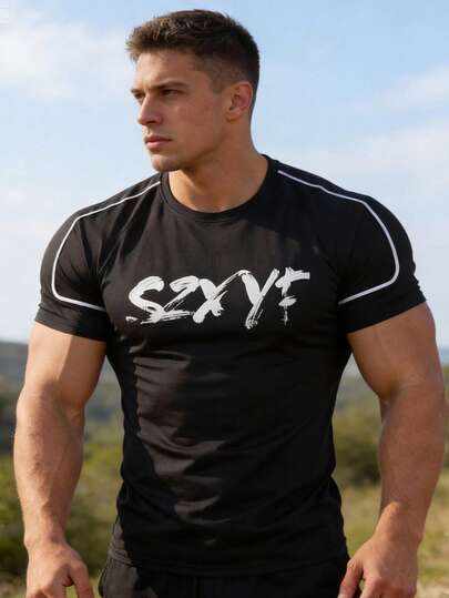 Men's Quick-Dry T-Shirt, Letter Print Short Sleeve With White Trim, Sports & Fitness Casual Half Sleeve