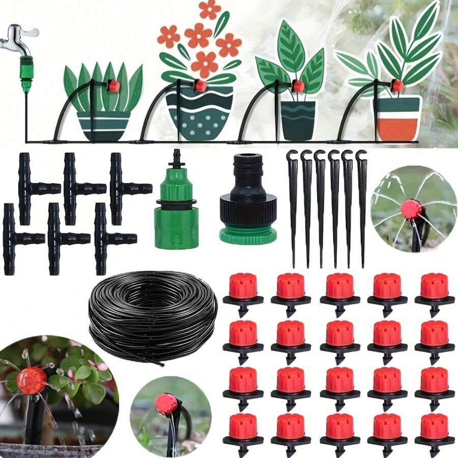 75pcs DIY Water-Saving Garden Automatic Watering System, Automatic Micro Drip Irrigation Kit, Adjustable Nozzle, Efficient Water-Saving Drip Irrigation, Suitable For Gardens, Lawns, Greenhouses, Terraces, Flower Beds, Hanging Baskets(20m)