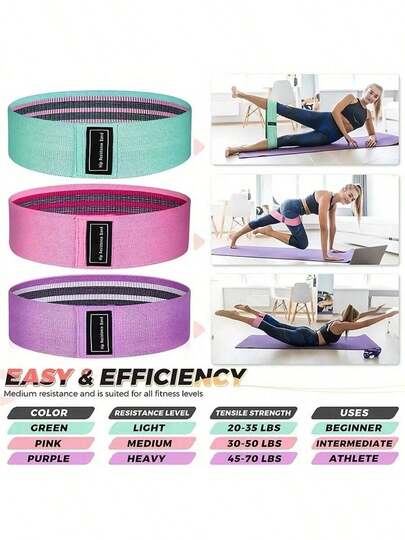1/3条装阻力带，防滑弹力阻力带，适用于腿部和臀部力量训练、身体拉伸、锻炼、瑜伽、普拉提等健身运动。
