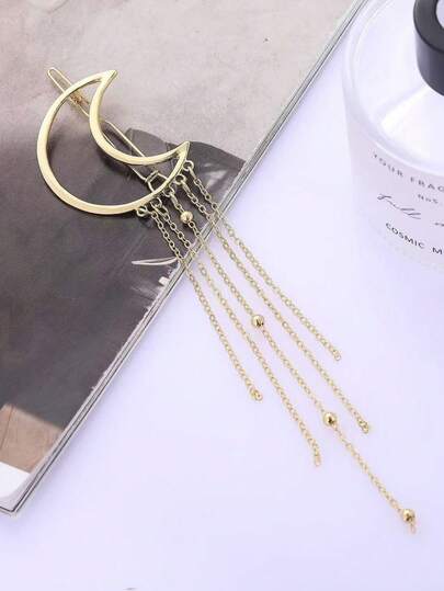 Bohemian Style Double Crescent Moon Hair Clip With Tassel Chain Decor, Metal Celestial Hair Clip Suitable For Women And Girls, Luxury Hair Accessory For Weddings, Festivals And Casual Wear