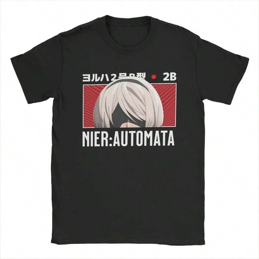 Camiseta de hombre Nier Automata 2B Peeker, anime, 100% algodón, ropa novedosa, camisetas de manga corta con cuello redondo, camiseta original - Negro - Ver 1