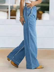 Women's New High Waist Elastic Wide Leg Straight Jeans, Autumn - Light Wash - View 4