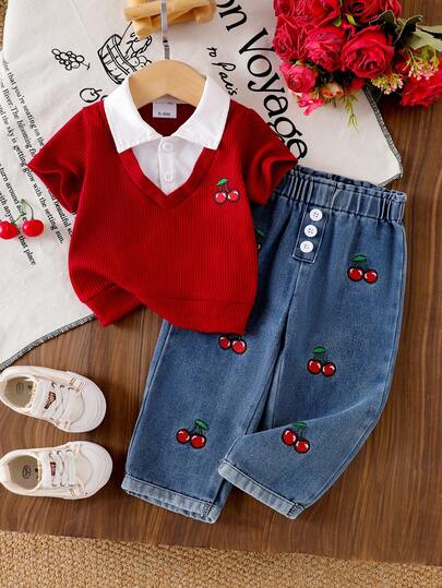 Conjunto de moda para niña bebé de 2 piezas: Blusa de manga corta con cuello de camisa, bloque de color y bordado de cereza, y pantalones vaqueros con volantes en la cintura, botones decorativos y bajo acampanado con bordado de cereza
