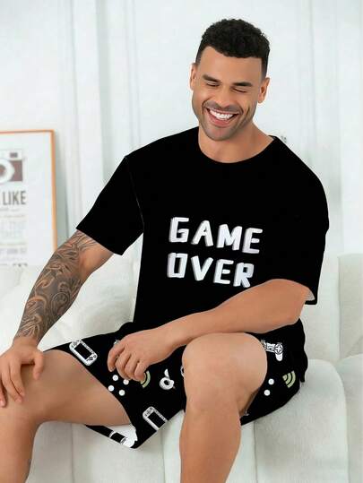 Plus Size Men's Pajama Set | Round Neck Short Sleeve Top And Elastic Waist Casual Shorts, 2 Piece Set | Polyester Knit Fabric, Skin-Friendly Breathable Loose Fit | Game Over Graphic Print Casual Design