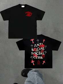 Anti Social Club Graphic Cropped T-Shirt For Boys And Girls Men, Women All Ages Family T-Shirt Letter New Streetwear Clothing Harajuku T-Shirt Cotton Half Sleeve Tee, Y2K Style Casual Cotton Classic Crewneck Design Tee - màu đen - Xem 2