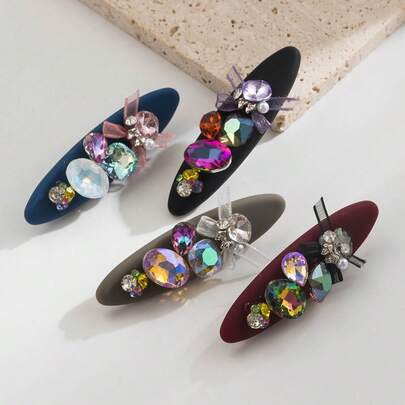 1件纯色韩式丝绒不规则复古闪亮多色水钻网状蝴蝶结装饰发夹，百搭优雅女士发饰