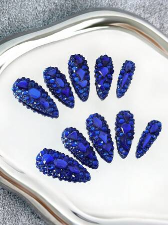 Y2K Mandelnaglar Handgjorda Press-On Naglar Med Transparenta Tips, Blå Strass & Glittrande Heltäckande 3D-Design - Heltäckande DIY Glitter Konstnaglar, Lösnaglar För Fester, Utomhus, Strand, Dagligen, Heldagar, Sammankomster, Arbete & Speciella Evenemang - 10 Styck/Påse