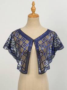 1件格子亮片网纱披肩短款斗篷，适合派对晚礼服搭配