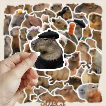 50pcs Cute Capybara Cartoon Stickers, Reusable PVC Waterproof Stickers Suitable For Notebooks, Water Bottles, Luggage, Helmets, Winter & New Year Decoration, Asymmetrical Shapes, Applicable To Plastic, Glass, Metal, Ceramic Surfaces