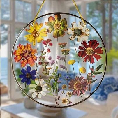 2D Acrylic Sunburst Pendant - Stunning Pressed Floral Hanging Decor, Suitable For Indoor & Outdoor Home Decor, Unique Birthday Gift, Art Wall & Porch Decoration, All Season, Garden Collection, Electricity-Free