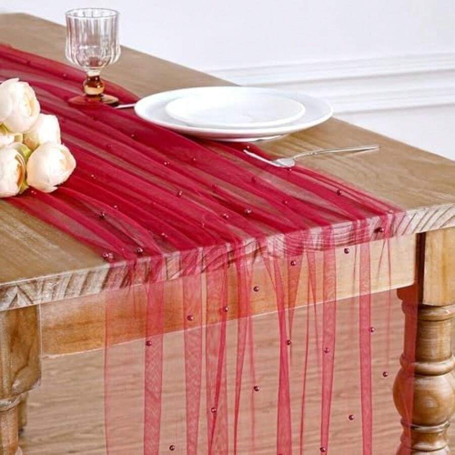 LuoluoHouse - Mantel de Tul de Perlas Blancas: Camino de Mesa de 10 pies, Tela de Tul, para Boda, Velo de Novia, Baby Shower, decoración de Mesa de Novia(1 Pcs 29x120 Inches Rojo) - Multicolor - Ver 1