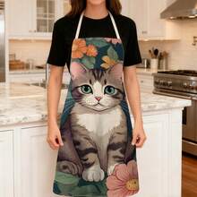 1pc Cat Pattern Printed Apron, 100% Polyester, Sleeveless, Neck Strap Design, Suitable For Cooking, Baking And Entertainment, Great For Home Kitchen, Parties, Outdoor BBQ, Baking Apron | Vibrant Apron | Polyester Apron | Printed Apron - Multicolor - View 3