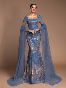Luxury Pearl Embroidered Sequin Patchwork Square Neck Evening Gown - Mermaid Style Formal Long Dress With Long Shawl Sleeves And Train, Elegant For Formal Ball, Wedding Guest, Celebration Party #Sparkling Charm# Evening Glamour Spring - Dusty Blue - View 3