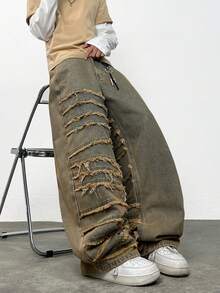 1件复古拼接阔腿牛仔裤，时尚宽松街头风休闲男士牛仔裤，四季皆宜（产品不含腰带和配饰） - 藍色 - 查看 4