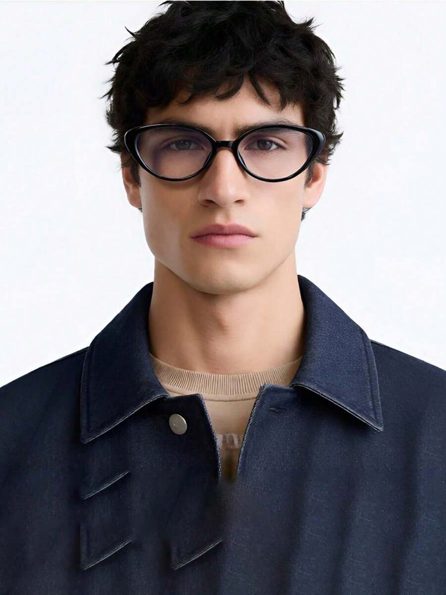 1pc Men's Casual Retro Cat Eye Black Small Frame Plain Glasses, Suitable For Daily Wear And Street Photography