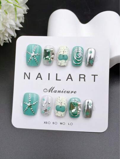 10pcs Handmade Mint Green Short Trapezoid Nail Stickers, Fragrance Style French Manicure, Press-On Nail Stickers, Suitable For New Year, Valentine's Day, UV Lamp Manicure, Summer, Daily Wear, Elegant Design, High-End French Style, Gel Polish, Shiny, Cat Eye Effect, Metallic Luster