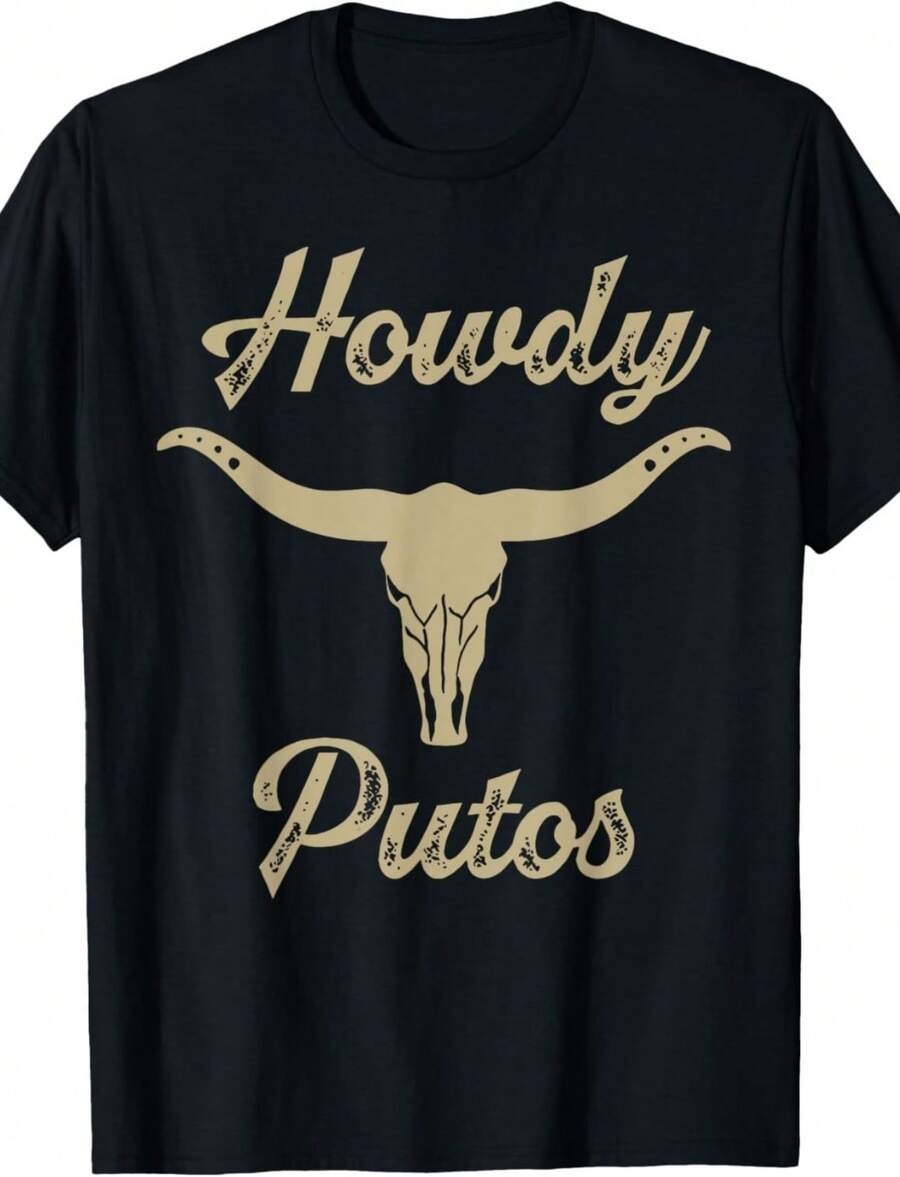 Howdy Putos Bull Skull Country Cowboy Western Graphic T-Shirt - Negro - Ver 1