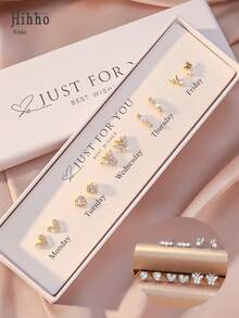 Hihho 10 件/套（优雅白色礼盒）闪亮锆石镶嵌蝴蝶和心形设计每周耳环，金耳环耳钉首饰套装，送给女朋友的最佳礼物