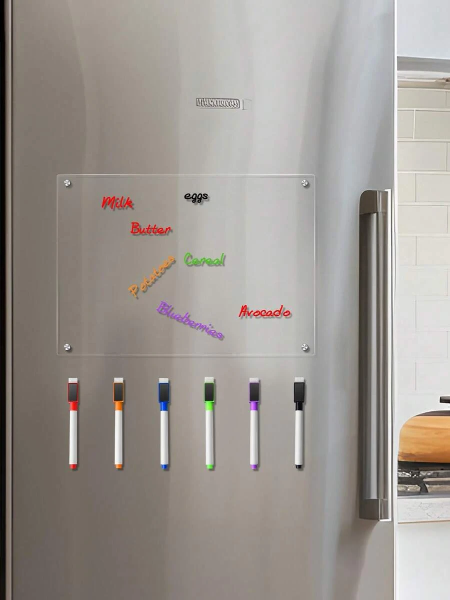 1pc Acrylic Writing Board (With 6 Magnetic Whiteboard Pens), Transparent Pattern Memo Board, Monthly/Weekly Planner Magnetic Fridge Sticker - Multicolor - View 1