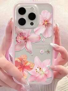 1pc Lily Flower & English Text Pattern Pink Edged Transparent Full Coverage Shockproof Phone Case Compatible With IPhone 11 12 13 14 15 16 17 Pro Max - Multicolor - View 5