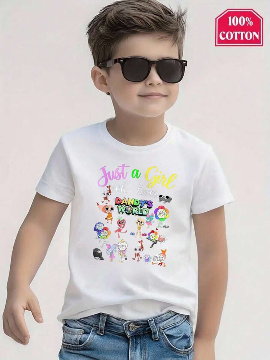 Tween Boys/Girls Summer Shirts "Dandy's World Cotton Graphic Tees, Black Casual Style Summer Tops With Cartoon Characters, Gift For Birthdays, Fashion, Fun" Boys Graphic Tees & Tween Girl Clothes - 白色 - 查看 1