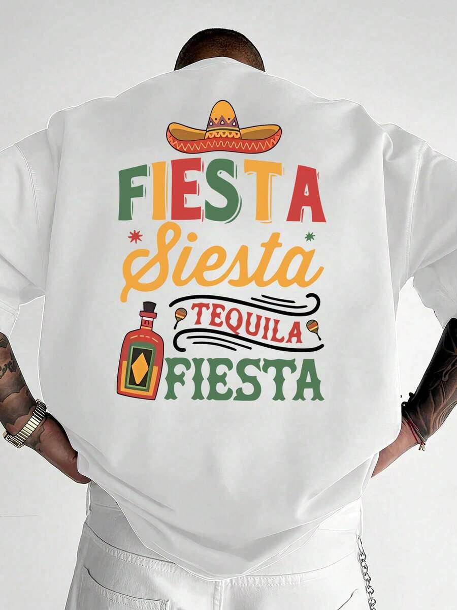 Mexico black T-Shirt, 1 pcs Mexican-style wide-brimmed hat print Cartoon Letter graphic print T-shirt 180g Pure  Heavy 100% Cotton T Shirt, Mexican burritos and margaritas, May 5th Men's Day ,Caribbean Tropical beach cruise in Mexico, Conventional niche punk style,Relaxing versatile and comfortable, beach vacation, simple and fashionable, suitable for men - Blanco - Ver 1