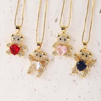 2026新款时尚奢华全锆石小熊动物吊坠项链，女士精致情人节礼物