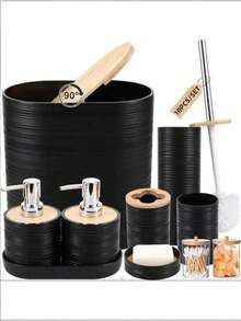 Bộ 6 món phụ kiện phòng tắm bằng tre, trang trí nhà cửa cao cấp cho phòng khách, phòng ngủ, bao gồm cọ toilet, thùng rác, khay đựng xà phòng, bình đựng xà phòng, cốc, giá đựng bàn chải đánh răng, hộp tăm bông, khay đựng đồ. Thích hợp cho phòng khách, khách sạn, mặt bàn phòng tắm. Quà tặng cho gia đình và bạn bè, quà tân gia, phụ kiện phòng tắm. - Nhiều màu - Xem 2