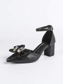 Women's Bow & Rhinestone Decor Chunky Heel Pointed Toe Ankle Strap High Heels, French Chic Style, Summer Black High Heels - Black - View 6