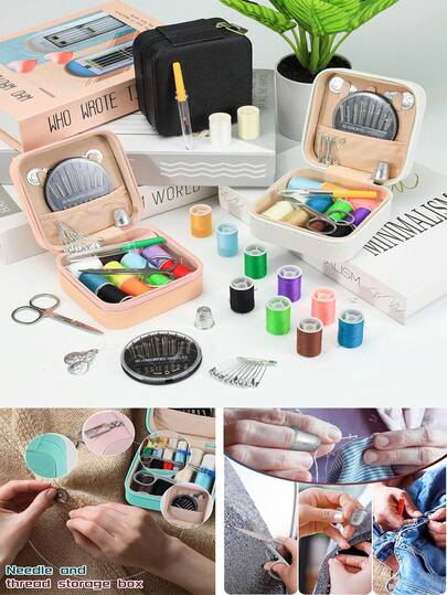 1pc Mini Sewing Kit For Travelers, Faux Leather Sewing Kit, Small Sewing Kit For Beginners, With Zipper Cross-Stitch Box - Complete DIY Hand Sewing Set Suitable For Travel And Home Use, Available In Multiple Colors