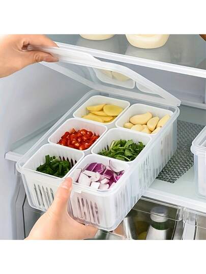 六合一洋葱、生姜、大蒜冰箱储物盒，带排水孔的厨房蔬果保鲜容器
