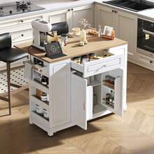 Kitchen Island With Wheels, Extendable Dining Area, Kitchen Island With Multifunctional Drawers And Waste Bin Compartment, Mobile Kitchen Island Ideal For Kitchen And Dining Room (Black) - White - View 4