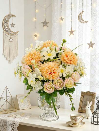 1束11.41英寸人造丝绣球花束，仿真茶玫瑰，适用于春季婚礼花瓶，可用于家居餐厅卧室装饰、节日生日派对装饰、户外花园装饰、情人节礼物、罗摩节装饰