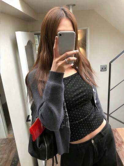 한국 스타일 귀여운 물방울 무늬 러플 밑단 크롭 캐미솔, 레이어링 또는 겉옷으로 착용 가능