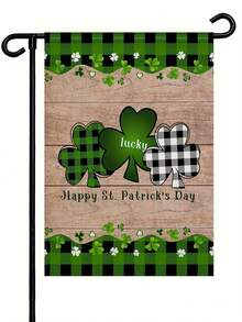 1pc St. Patrick's Day Lucky Clover Garden Flag, Plaid Shamrock Decor Flag, Outdoor Yard Holiday Decoration Flag (Flagpole Not Included) - Multicolor - View 1