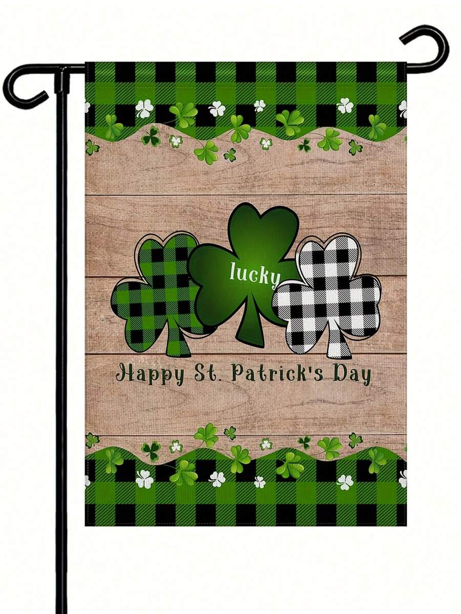 1pc St. Patrick's Day Lucky Clover Garden Flag, Plaid Shamrock Decor Flag, Outdoor Yard Holiday Decoration Flag (Flagpole Not Included) - Multicolor - View 1