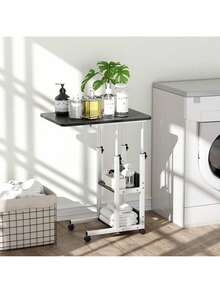 Mesa Multifuncional Ajustable en Altura con Ruedas y 3 Estantes - Laptop/Reunión/Jardín - Negro - Ver 2