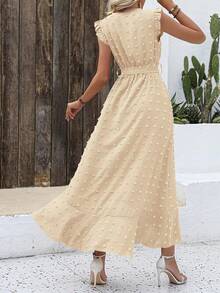 Women Summer Maxi Dress Swiss Dot V Neck Ruffle Cap Sleeve Tie Waist Wrap Ruffle Split Hem Long Dress Bohemia Boho Beach Holiday Vacation Valentine Flowy Long Midi Dress Outfits - 米色 - 查看 2