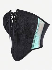 Corset Top Bustier Jacquard Bandeau Crop Top, Strapless Front Criss-Cross Lace-Up Side Color Block Mesh Shapewear Waist Cincher Overbust Corset - Black - View 2