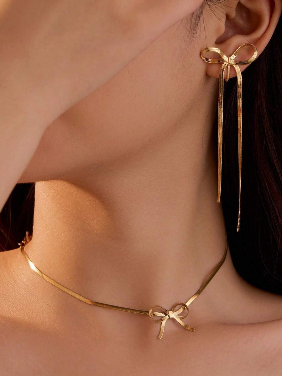 1件女士时尚简约18K镀金铜蝴蝶结颈链，无需耳洞，流苏耳夹，适合节日、派对和日常佩戴，天鹅绒袋包装 - 金色 - 查看 1