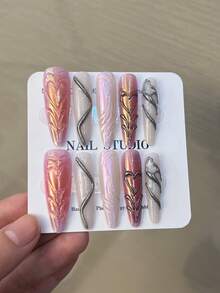 10片/套 Y2K 奢华手工长杏仁形 3D 银色法式凝胶美甲贴纸，带有 3D 银色爱心和闪粉设计，情人节风格，全覆盖亚克力假指甲，包含 1 片果冻凝胶和 1 把指甲锉，手工制作，适合女性和女孩日常工作、学习和派对美甲用品。 - 查看 4