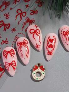 Red Bow & Heart-Shaped Nail Stickers, Valentine's Day Stickers, Red Bow Star-Chain Diamond Pattern, Sweet French Festival Red Bow Nail Stickers, Bow Nail Stickers, Red Heart-Shaped Nail Stickers, Y2K Design Style Nail Stickers