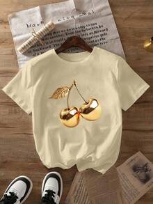 大码夏季金色樱桃印花短袖T恤，休闲舒适日常上衣 - 杏色 - 查看 8