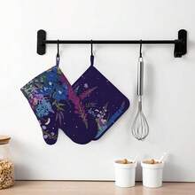 Wildflowers Florals Oven Mitts Pot Holders Set Silicone Heat Resistant Wildflowers Oven Mitts And Hot Pads Florals Potholders Non-Slip Oven Gloves For CooFKing BaFKing Grilling BBQ,Purple - Purple - 查看 8