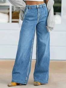 Women's New High Waist Elastic Wide Leg Straight Jeans, Autumn - Light Wash - View 5