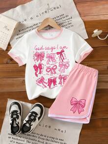 2pcs/Set Girls' Creative Bow Print T-Shirt And Shorts, Suitable For Summer, Spring/Summer New Outdoor Casual Wear - Multicolor - View 1