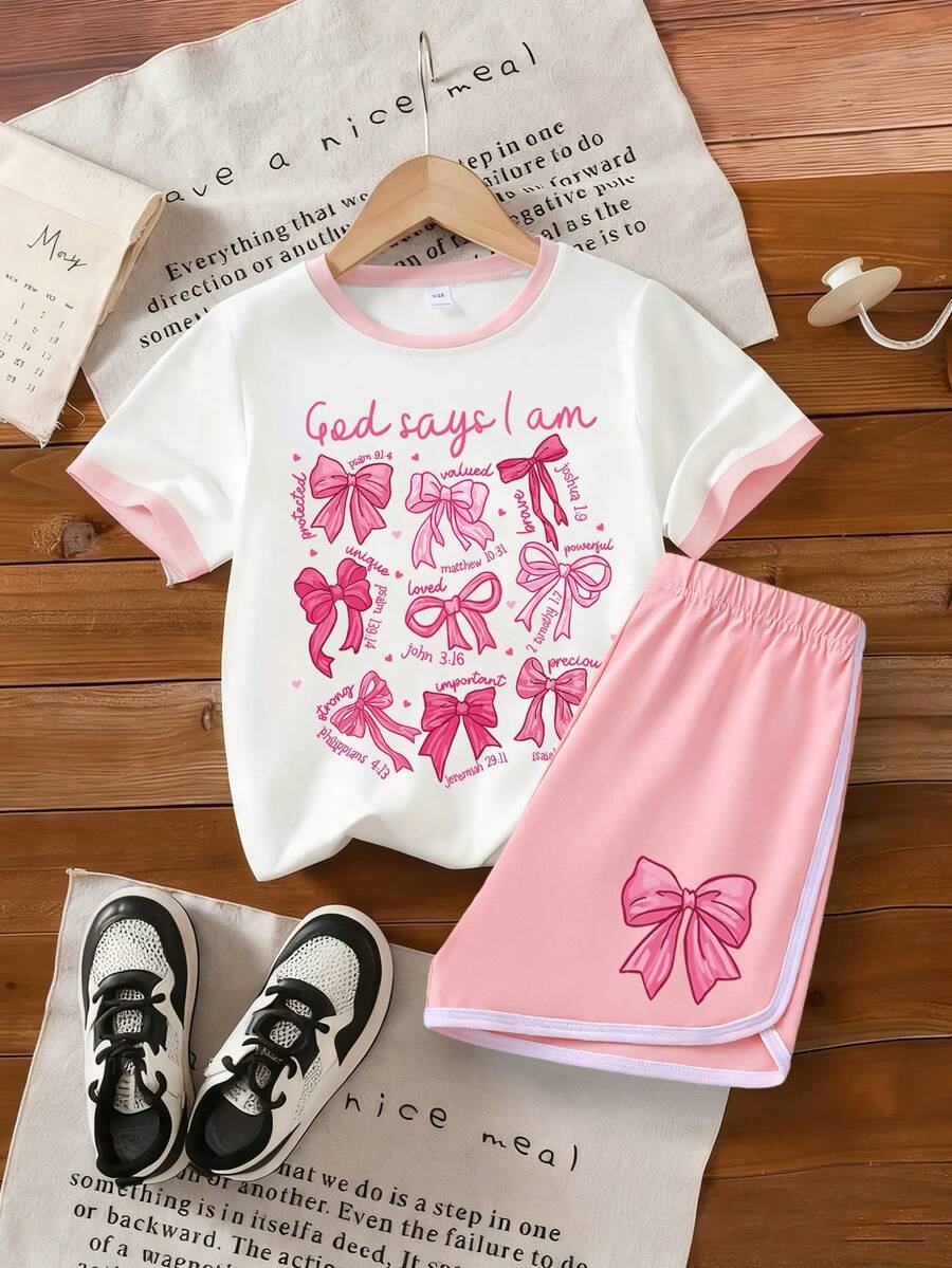 2pcs/Set Girls' Creative Bow Print T-Shirt And Shorts, Suitable For Summer, Spring/Summer New Outdoor Casual Wear - Multicolor - View 1