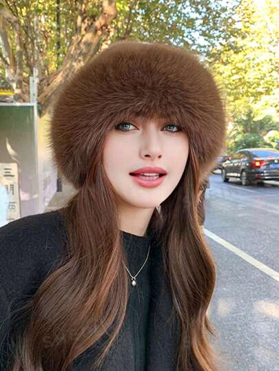 1pc Fluffy Mongolian Hat For Women, Thickened Autumn/Winter Bucket Hat With Faux Fur Ear Protection